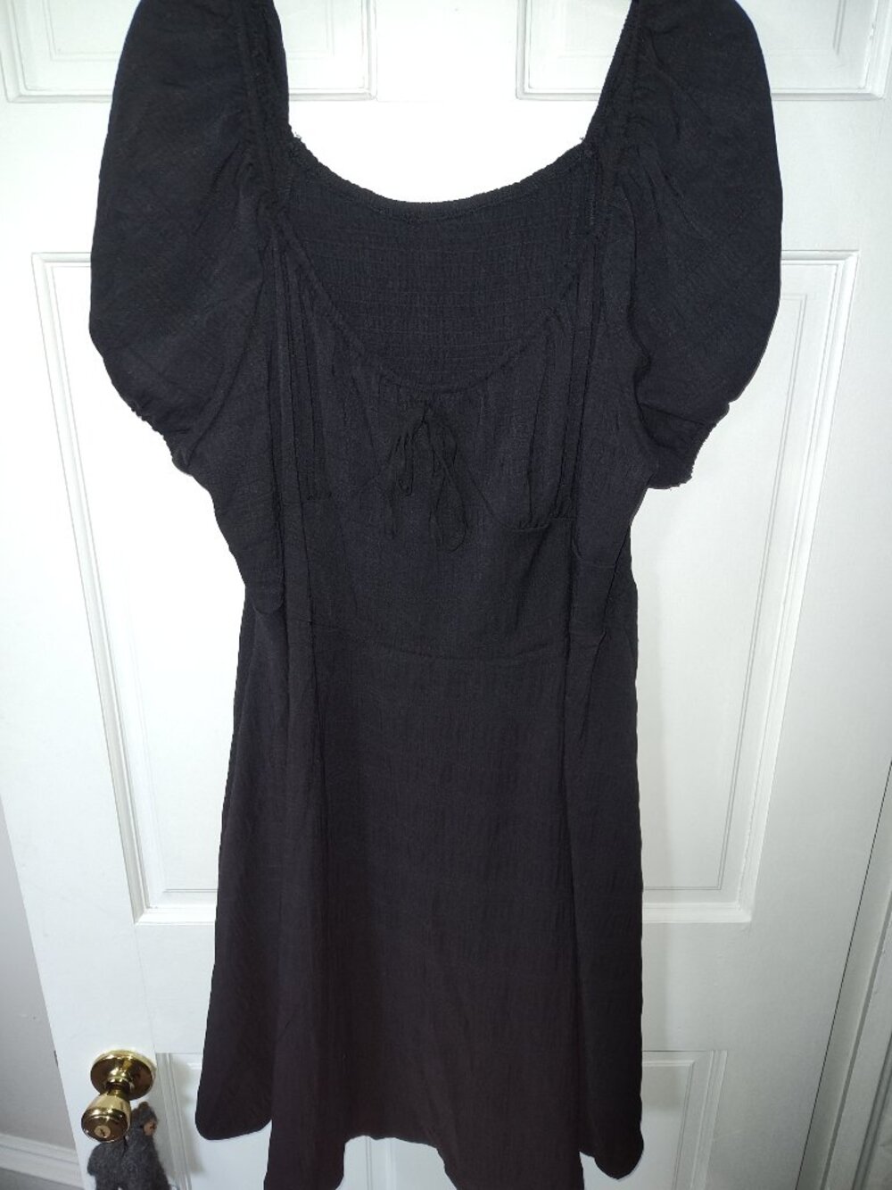 Black Peasant Dress Puff Sleeve Smocked Neck Boho Cottagecore Midi